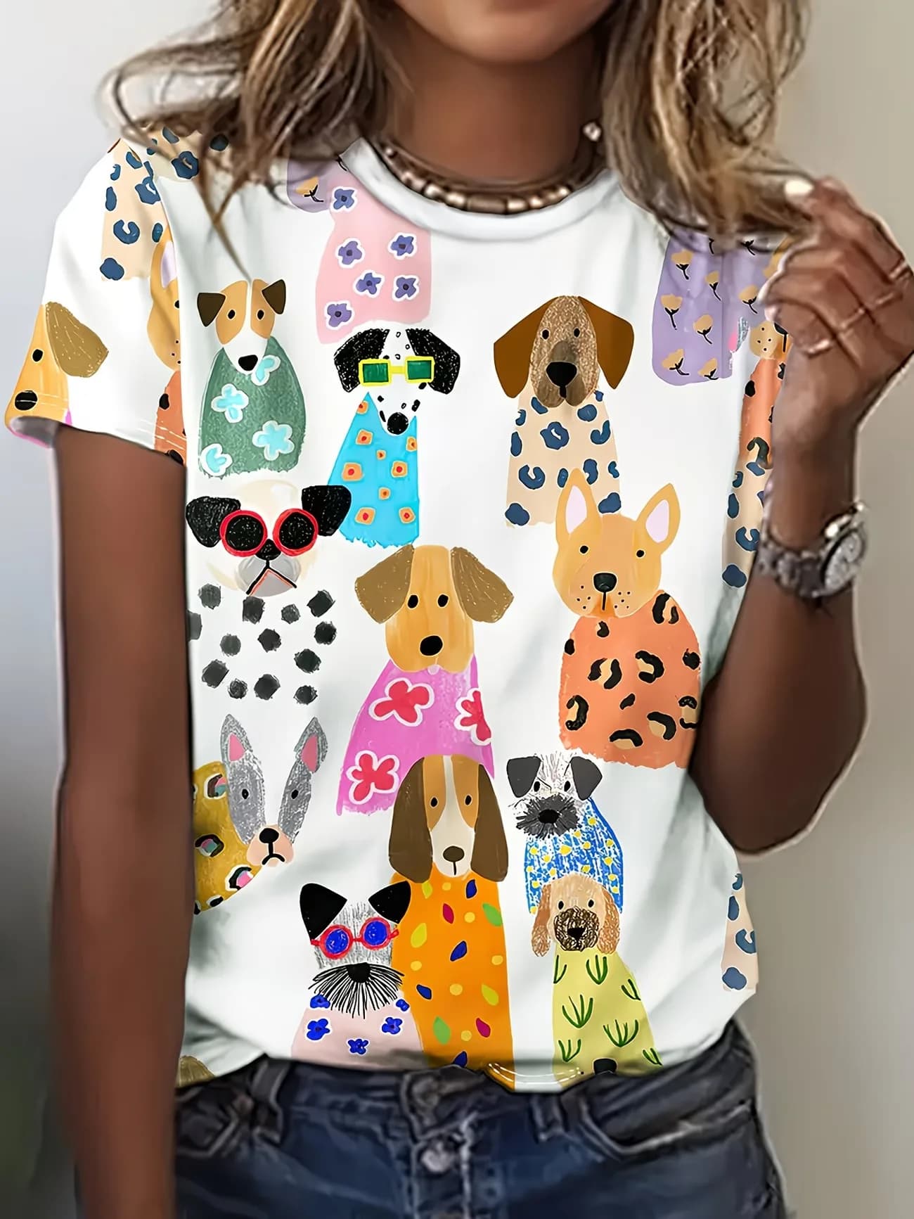 T-shirt da donna con stampa di cani in stile cartone animato, girocollo, manica corta, abbigliamento casual da donna per tutti i giorni