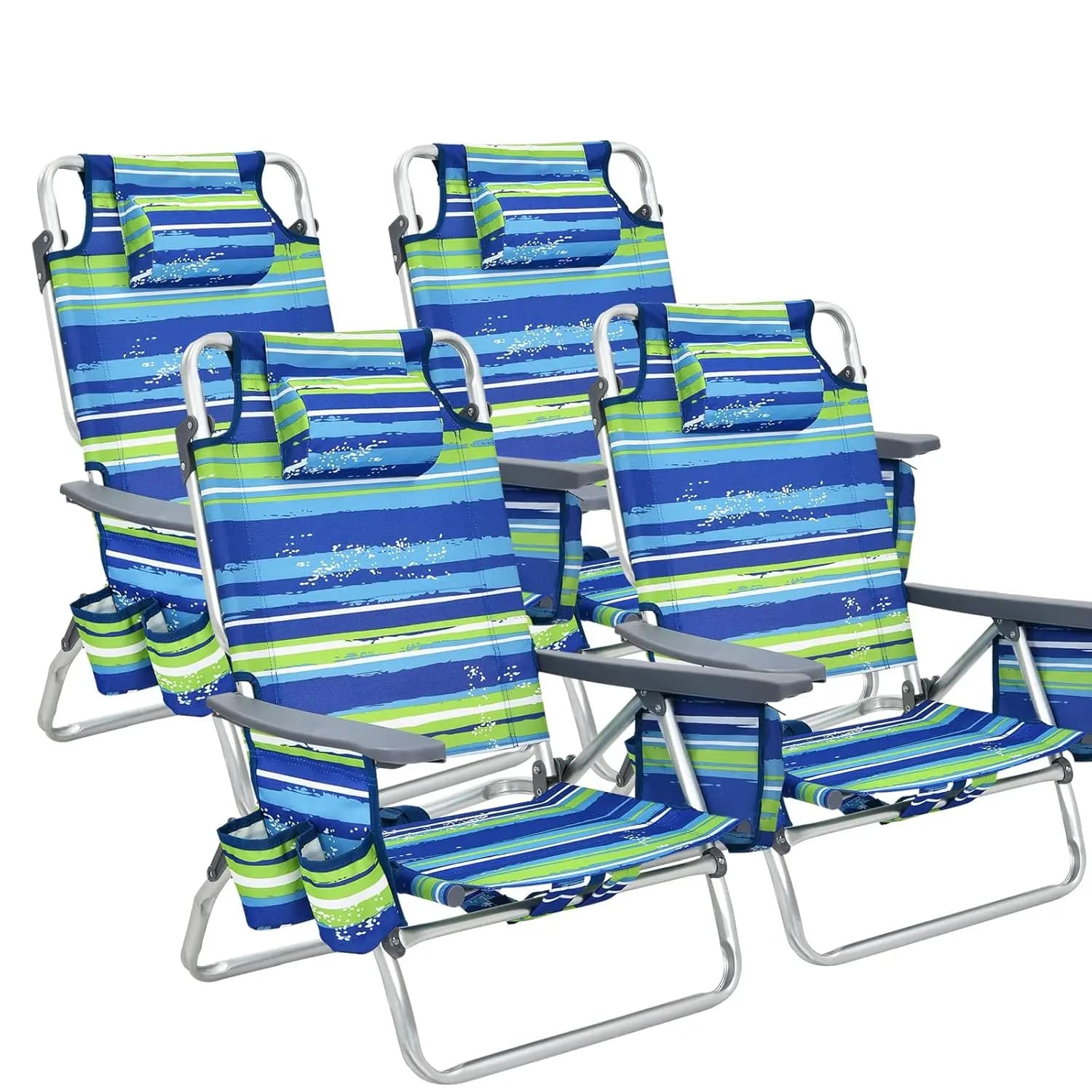 5-Position Folding Backpack Beach Chair with Pillow, Cooler, Towel Bar, Cup Holder, Sunbath Sling, Foldable Camping, Customized