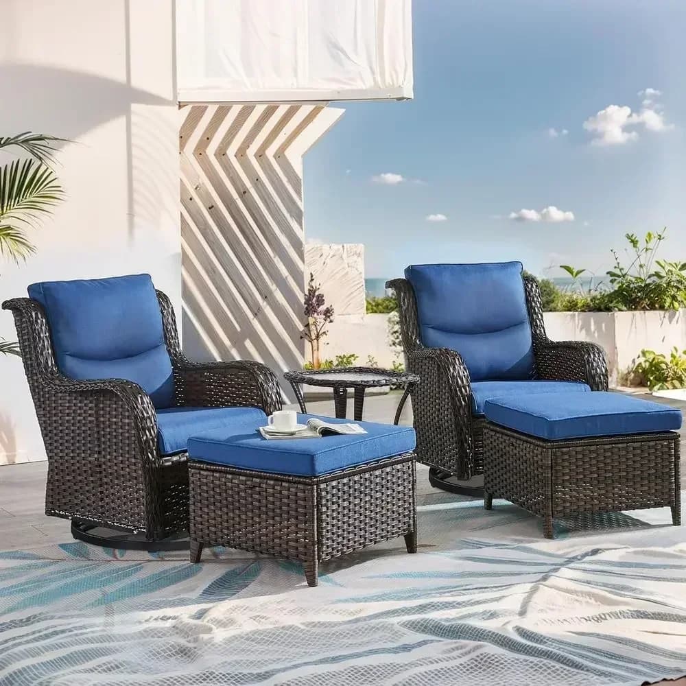 Luxury Outdoor Swivel Chairs Set with Ottomans and Smile Cushions, 5-Piece Rattan Glider Chairs, Brown Wicker, Blue Cushions