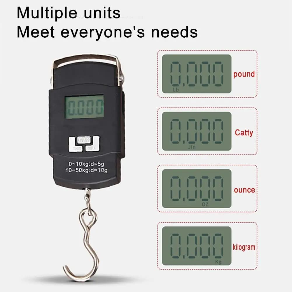 Bilancia Elettronica Portatile 50kg con Gancio, Display LCD Digitale, Mini Bilancia per Pesca e Bagagli, Accessori per la Pesca