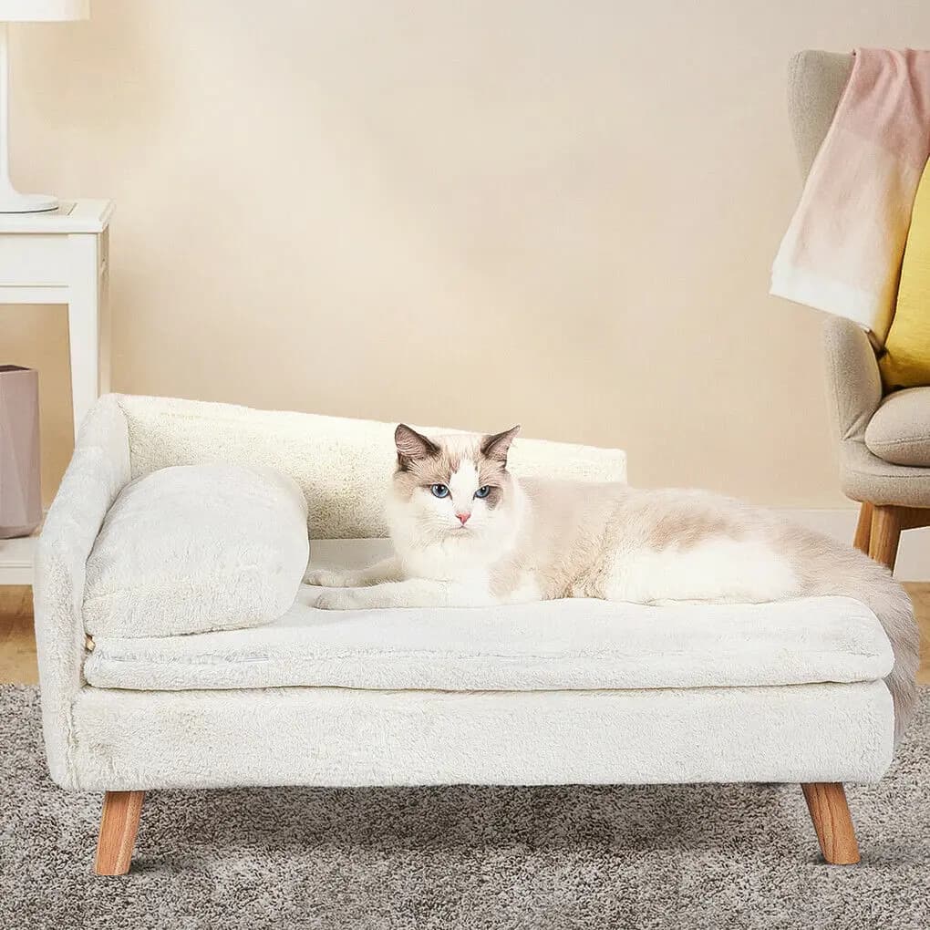 qz-Elevated Pet Bed Solid Wood Leg Dog Cat Sofa for Indoor L Shape Plush Couch Lounge with Soft Cushion@