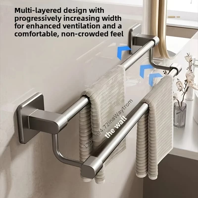 Double Towel Bar No Drill, Wall Mounted 2 Tier Bathroom Towel Rack Storage Holder