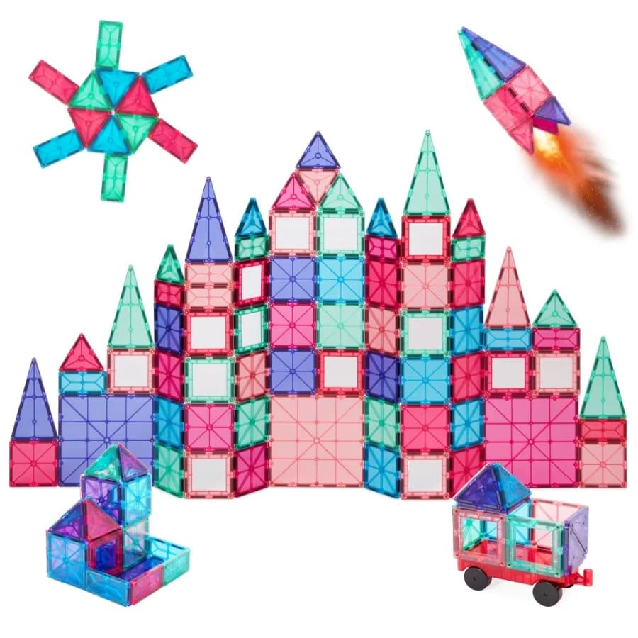 Set di 110 Piastrelle Magnetiche Educative per Costruzioni STEM con Custodia - Rosa