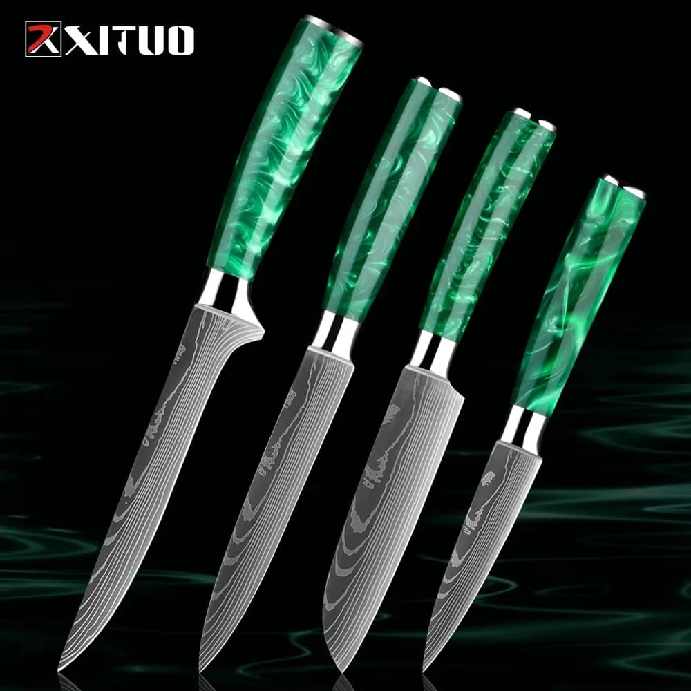 XITUO Kitchen Paring Knife,Damascus Pattern Steel Small Kitchen Knife Sharp Fruit Boning Knife Ergonomic Green Resin Handle