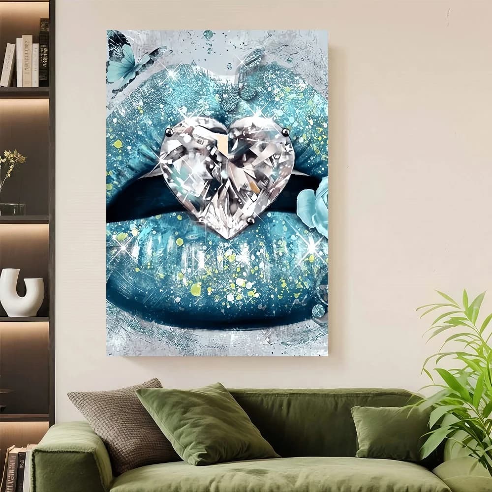 Quadro su tela incorniciato con labbra turchesi e gemma decorativa - Stampa di rossetto blu turchese e dorato, cornice in legno rustico moderno