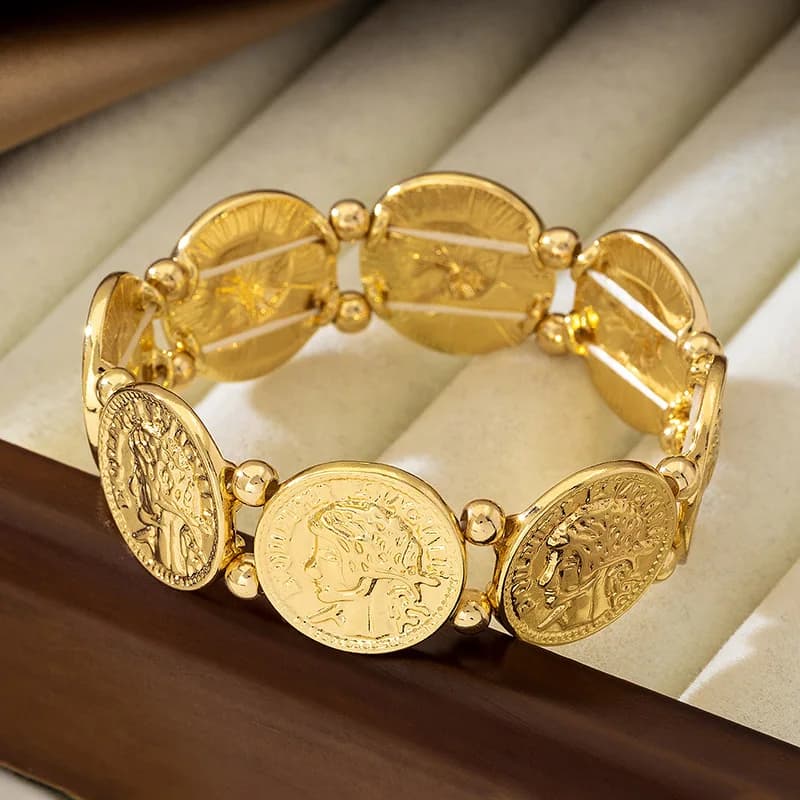 Bracciale elastico con perline a forma di moneta con ritratto in rilievo in metallo vintage per regali di gioielli di moda con temperamento da donna