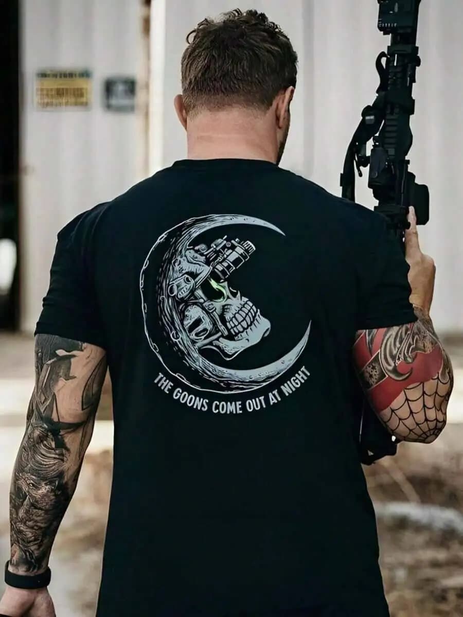 Men's Cotton T-Shirt, Vision Moon "THE GOONS" Night Theme Short-Sleeved With Green Fluorescent Eyes And Skull T-Shirt Dark 100% Cotton Trendy Y2K Short-Sleeve Tee-Soft, Quick-Drying, Moisture-Wicking; Great Gift for Christmas or Halloween