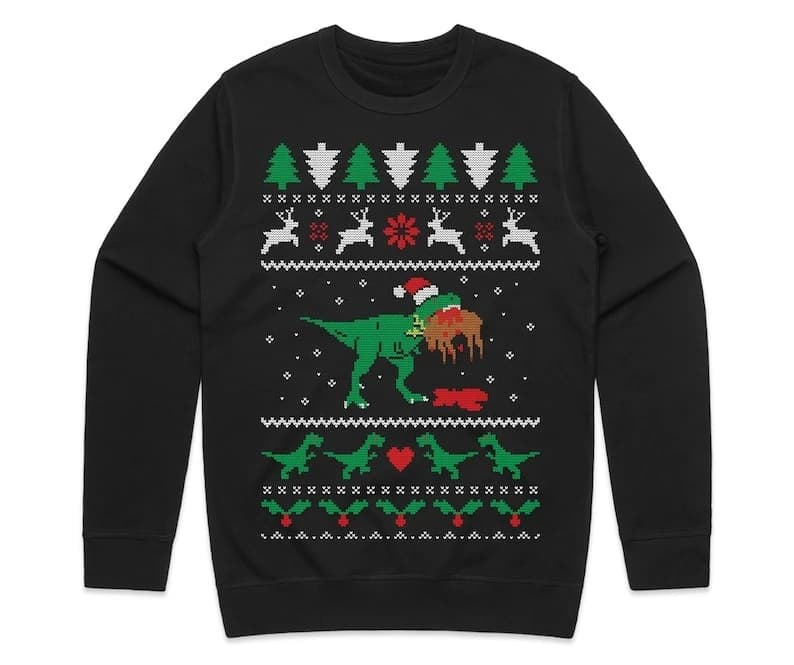 T-Rex Eating Reindeer Jumper Sweatshirt Merry Christmas TRex Dinosaur Jurassic Funny Ugly Xmas Gift Long Sleeve Pullover Unisex