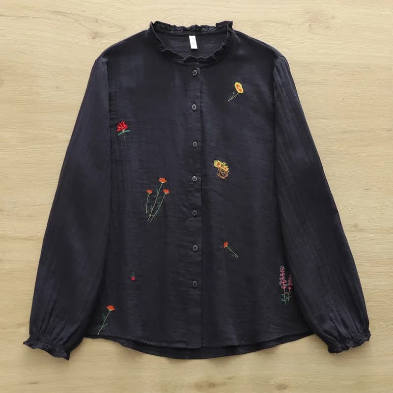 New 2026 Autumn Women Cotton Yarn Long Sleeve Shirt, Stand Ruffles Embroidery, Mori Girl OL Age Reduction Loose Blouse T68455CC