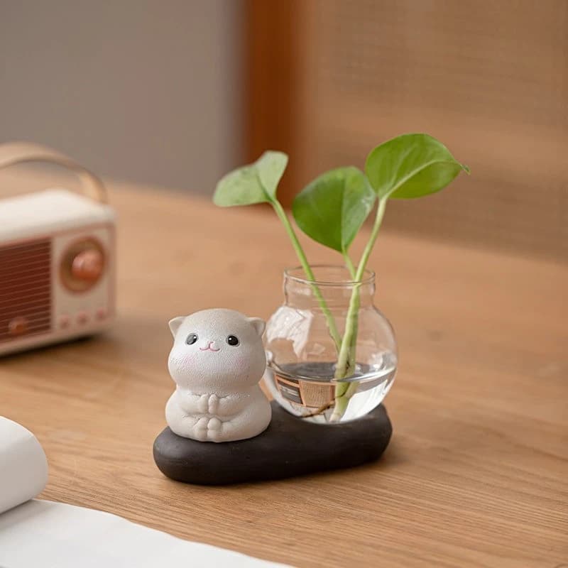Cute Cat Ornament Home Decoration Study Living Room Flower Arrangement Hydroponic Vase Room Small Pendulum Green Plants