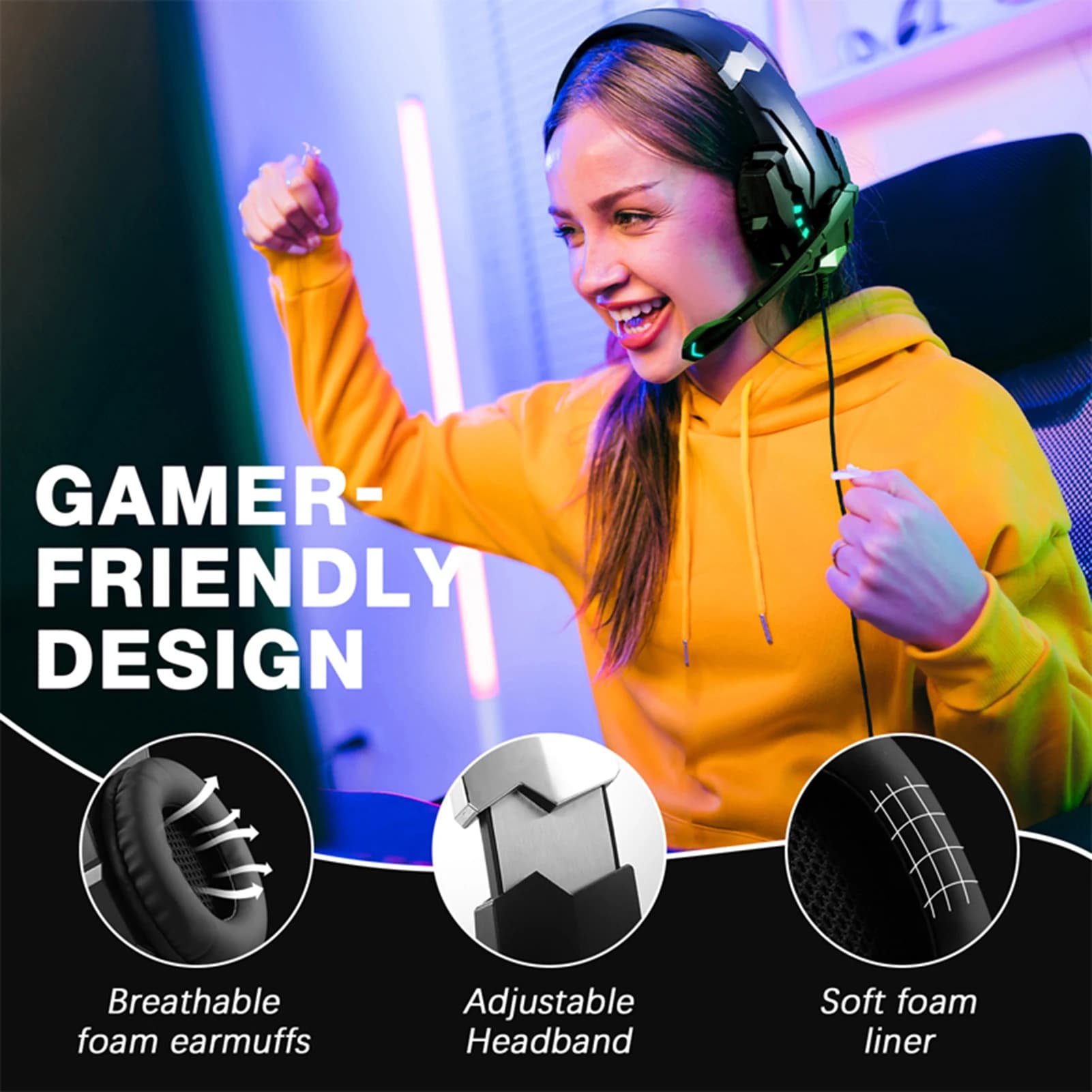 Cuffie da gioco da 3,5 mm, cuffie da gioco over-ear con cancellazione del rumore, auricolari con microfono, luce LED e controllo del volume per laptop e tablet