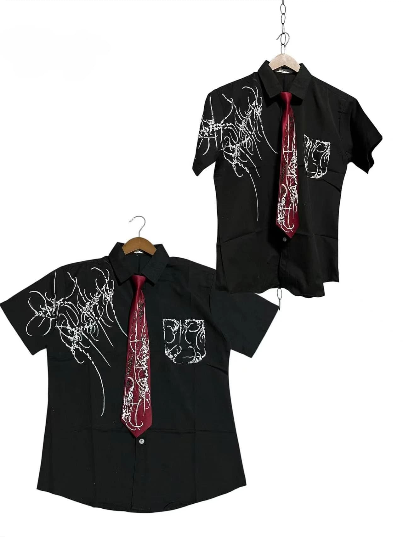 Camicia in stile Y2K Dark con cravatta rossa, top casual grafico unisex a maniche corte con bottoni, stile streetwear Harajuku