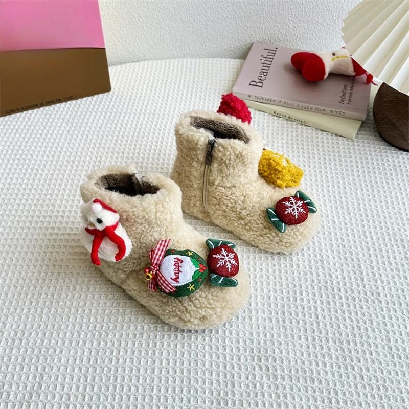 2025 Stivali di peluche moda invernale per bambini Nuovo stivaletti pelosi caldi per ragazza di Babbo Natale Stivali da neve causali per bambini versatili in cotone