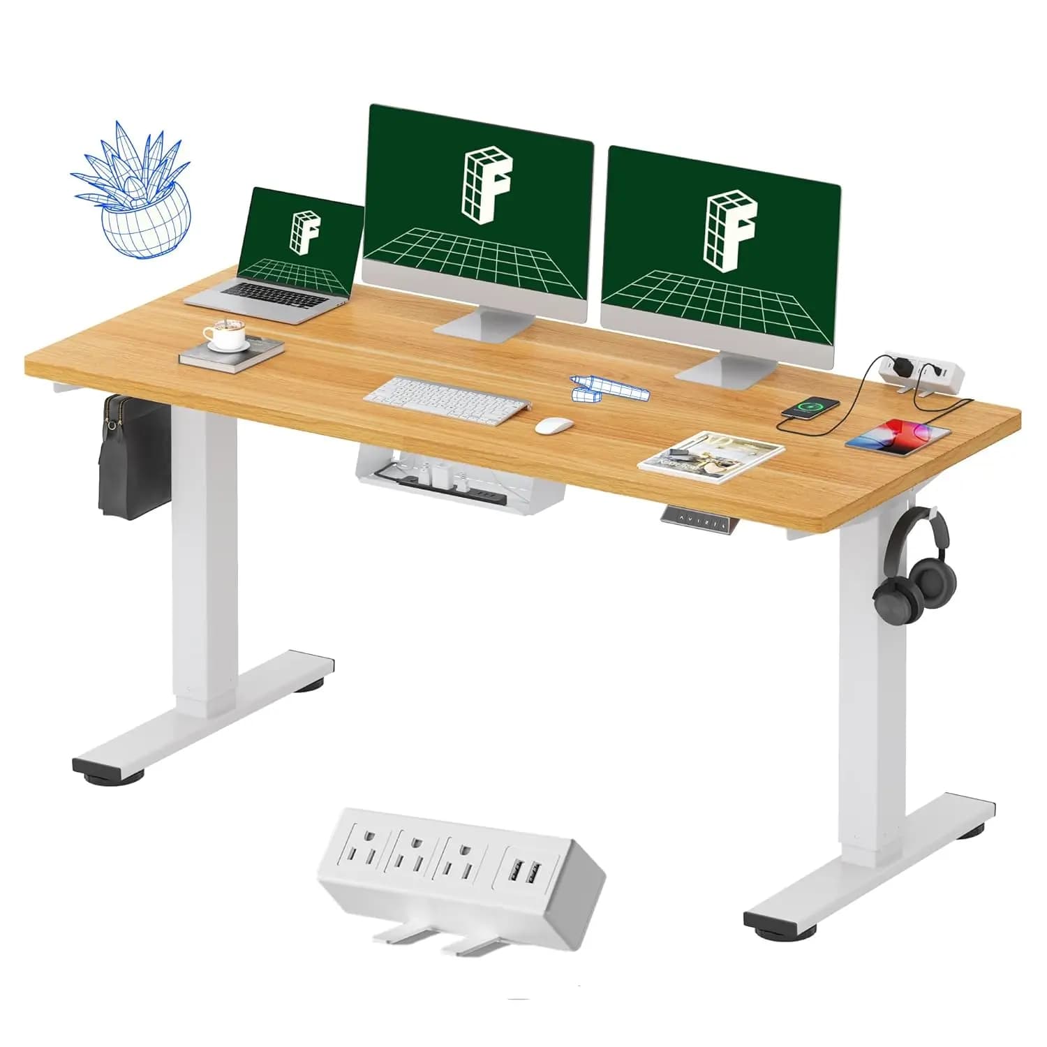 Scrivania Elettrica Regolabile in Altezza con Morsetto, Gestione Cavi e Presa di Corrente Integrata, 60x24, Telaio Bianco, Piano in Acero, Personalizzabile