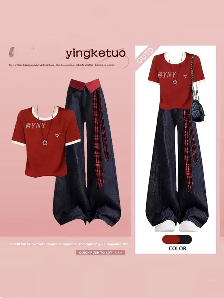 Summer Red And White Color Block round Neck Slim Fit Short Sleeve T-Shirt And Wide Leg Jeans Women's Fashion Set Casual Outfit