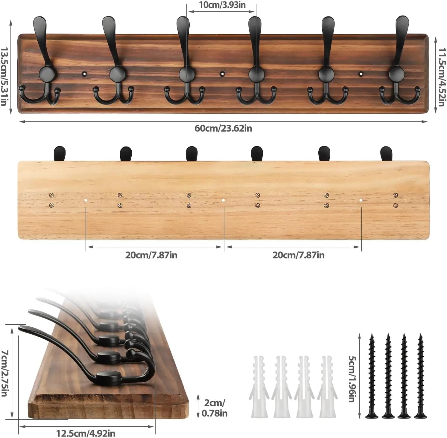 Appendiabiti da Parete in Legno, Robusto Porta Cappotti da Muro, 6 Ganci Tripli per Appendere Cappotti, Giacche, Cappelli, Vestiti