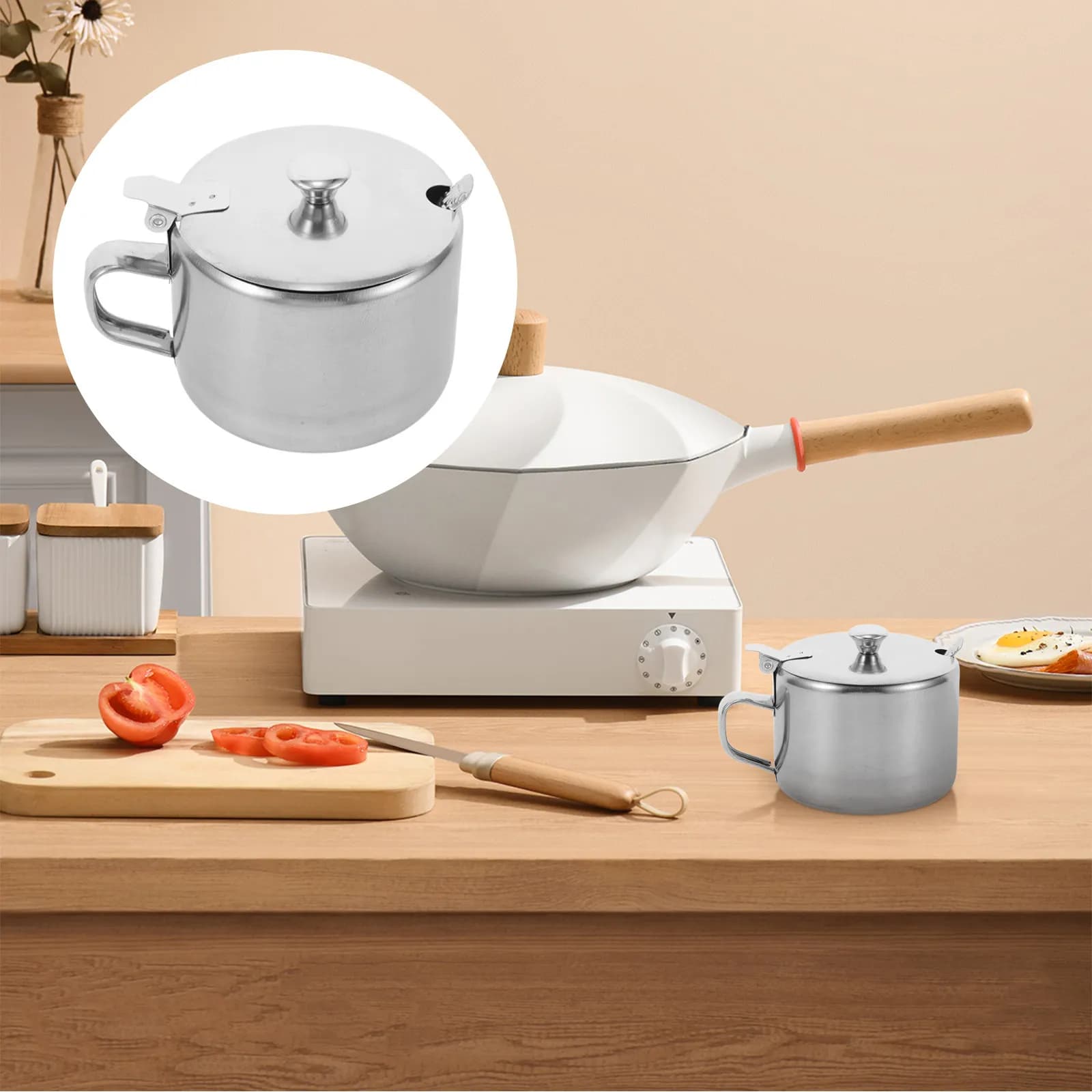 Set di 1 contenitore per condimenti in acciaio inossidabile, contenitore rotondo per spezie con coperchio e cucchiaio, contenitore multiuso per zucchero, sale, pepe