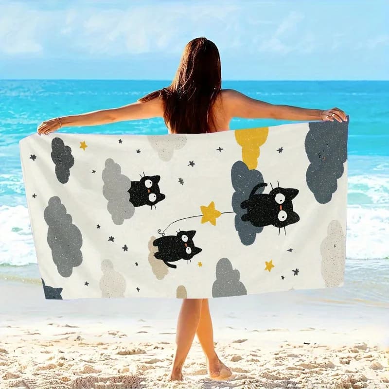 Telo mare Cats on Clouds, design fantasioso, morbida microfibra, unisex, assorbente, ad asciugatura rapida, per nuoto, viaggi, campeggio, regalo