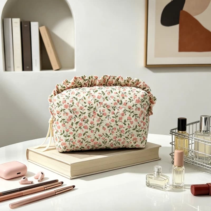 Portable Floral Print Cosmetic Bag for Women Travel Makeup Organizer Pouch Washing Toiletry Storage Bag