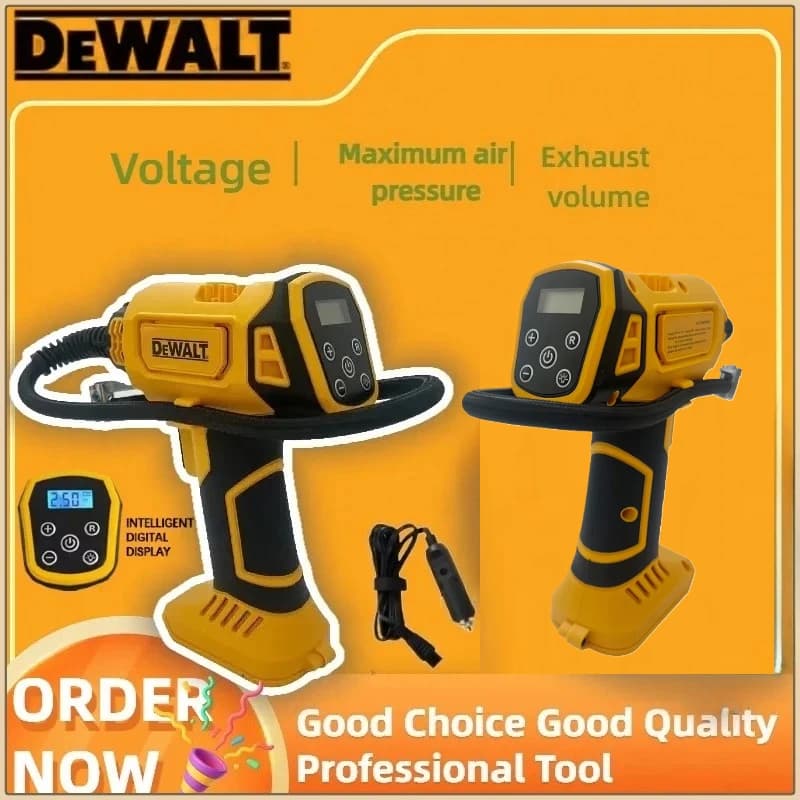 Compressore d'aria elettrico Dewalt 20V con manometro digitale automatico per gonfiaggio pneumatici auto, ricaricabile e portatile