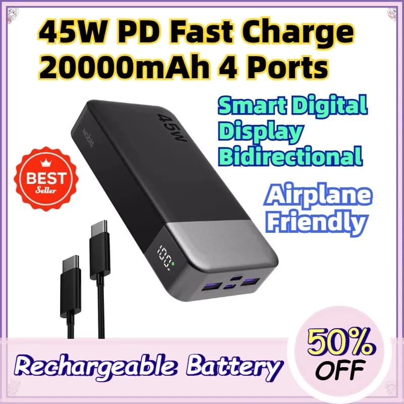 20000mAh 45W PD Power Bank Smart Digital Display 4 Device Simultaneous Charging Airplane Friendly for MacBook iPhone
