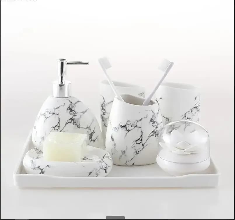 Set di dispenser di sapone da bagno in ceramica con motivo in marmo imitazione, set di accessori per il bagno di casa, bicchiere, portaspazzolino