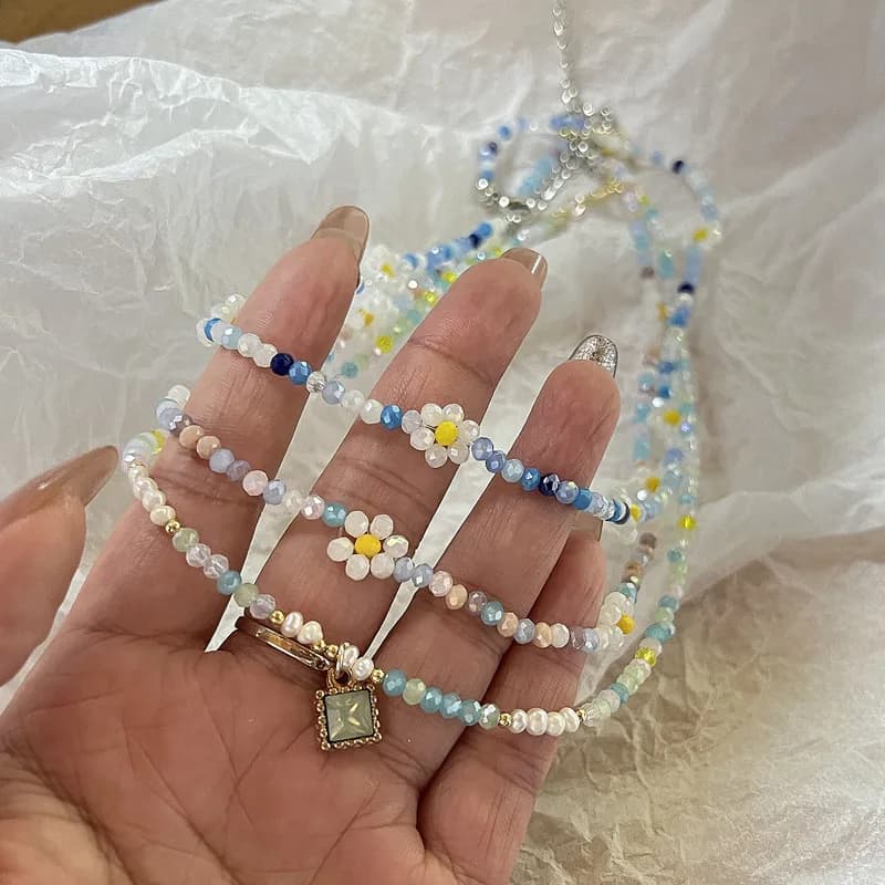 Trend Daisy Flowers Colorful Shiny Resin Bead Choker Clavicle Chain Sweet Necklace For Women EGirls Summer Vacation Jewelry