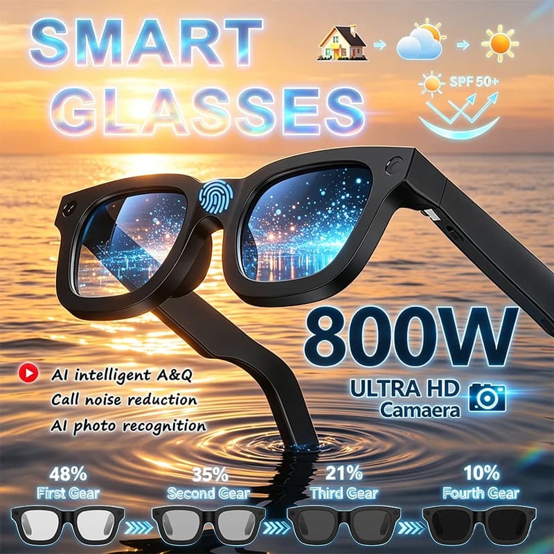 Occhiali Smart alla Moda con Registrazione Video e Foto HD, Traduzione AI in Tempo Reale, Lenti a Colori Variabili Touch, Chiamate Bluetooth