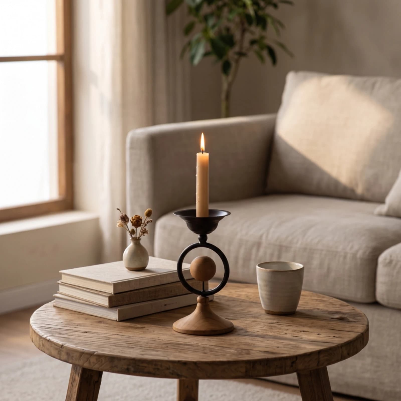 Candle Holder with Wood Base Decorative Metal Candle Holder Candlestick Sculptural Minimalist for Centerpiece, Living Room