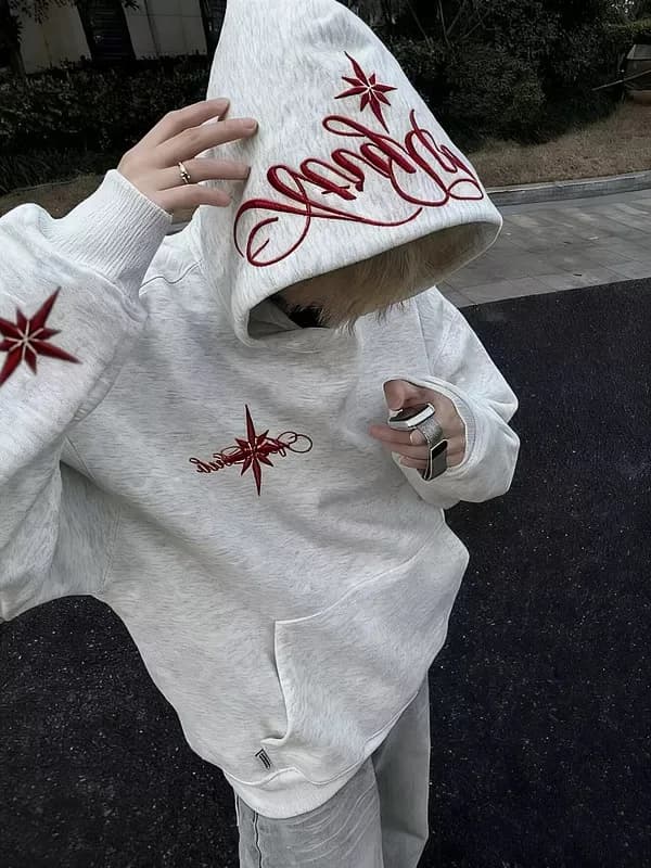 Felpa con Cappuccio Ricamata con Lettere, Spessa e Calda, Unisex, Stile Ampio, per Coppia, Casual, alla Moda, in Misto Cotone, Autunno Inverno