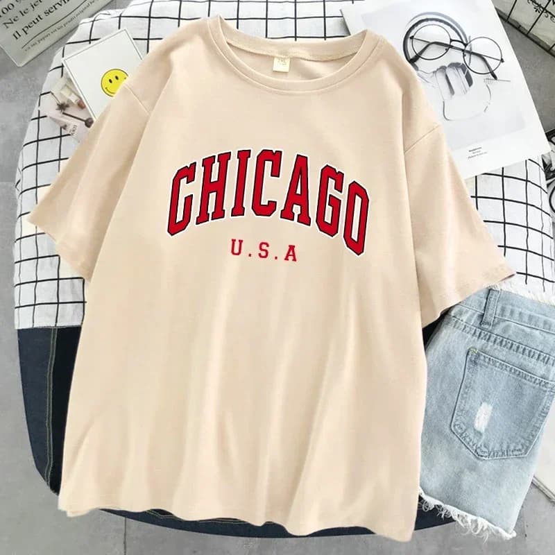 T-shirt da donna con stampa grafica con lettera Chicago Usa City T-shirt estiva da strada T-shirt cool traspirante a maniche corte casual