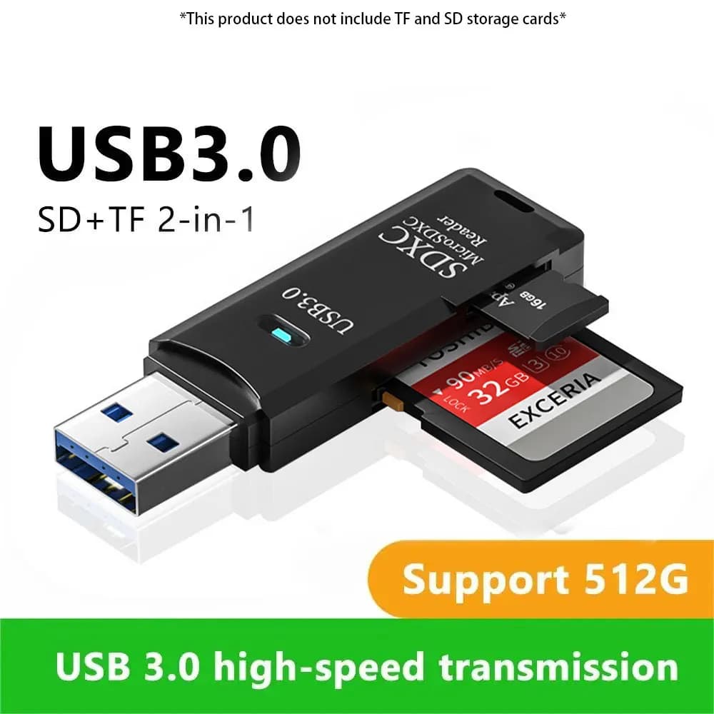 Multi-functional USB 3.0/2.0 card reader 2 in 1 high speed supports TF+SD computer, tablet camera, laptop, car mounted