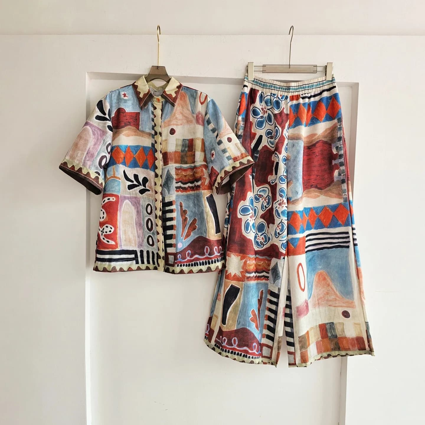 Baroque French Oil Painting Print Short Sleeve Shirt Holiday Style Loose Wide Leg Pant Set Casual Two Piece Sets Womens Outifits