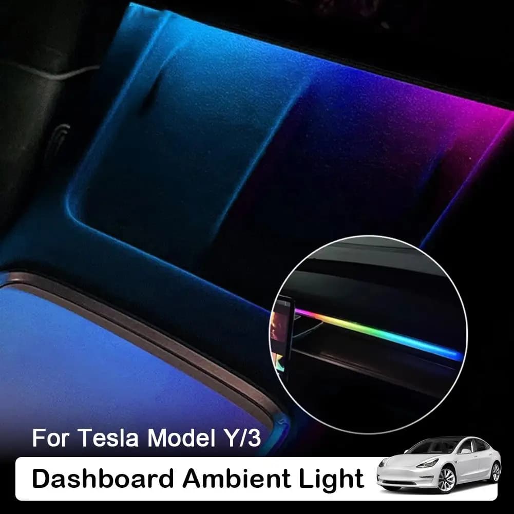 Per Tesla Y: Luce Ambientale RGB a 64 Colori per Console Centrale e Cruscotto, Controller USB, Ricarica Wireless, Lampada APP B1P3