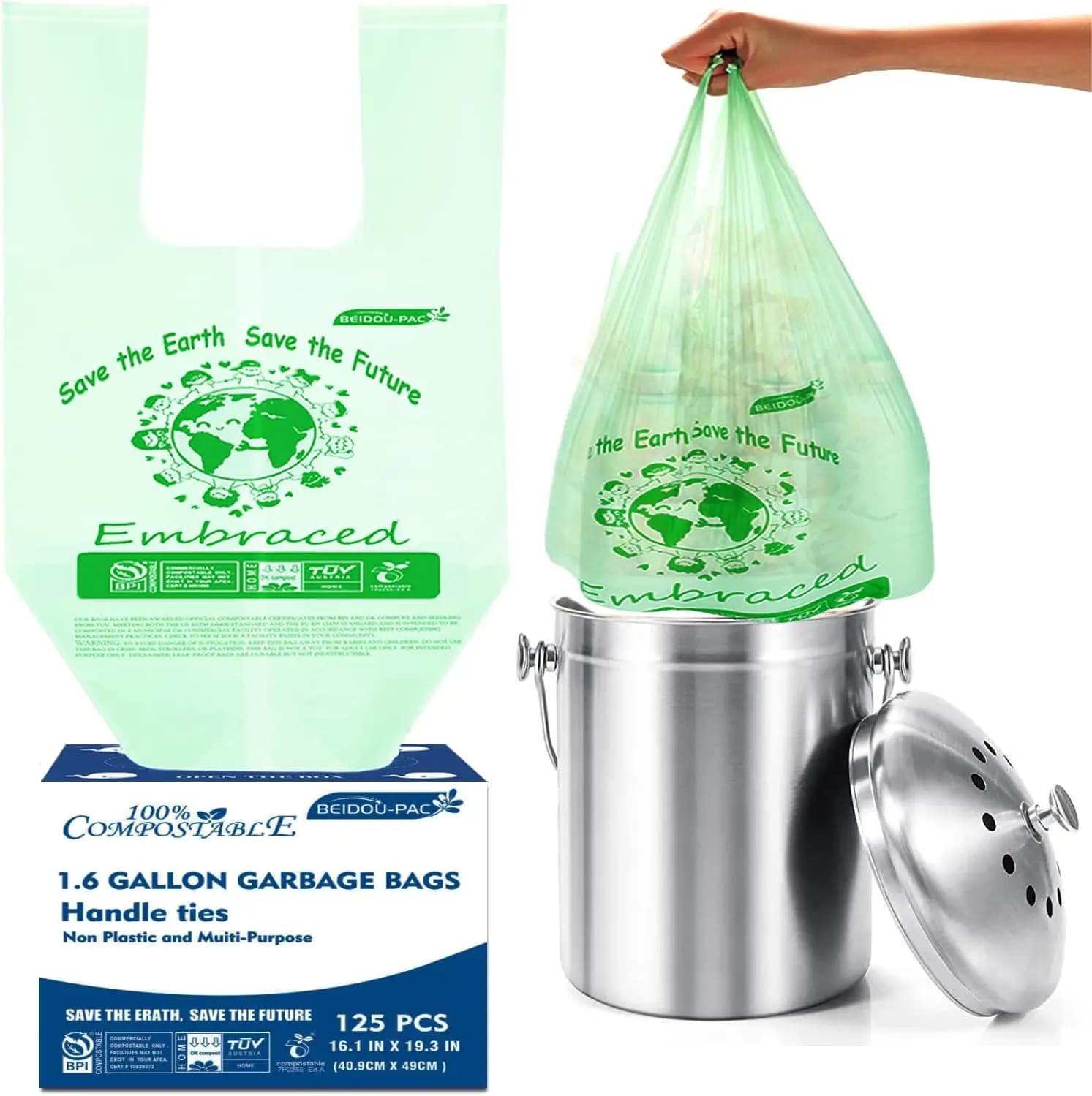 1.6 Gallon Compostable Trash Bags with Handle, 125 Count Small Kitchen Garbage Bags, Food Scrap Waste Bags for Countertop Bin, BPI Certified