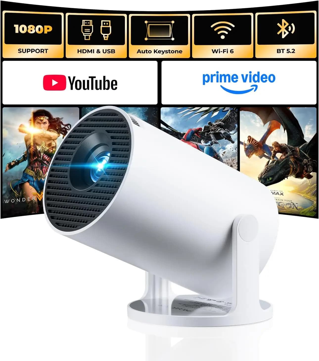 Mini Proiettore Smart con WiFi 6, Bluetooth 5.2, Correzione Automatica Keystone, Full HD 1080P, App Integrate e Modalità Notte Stellata