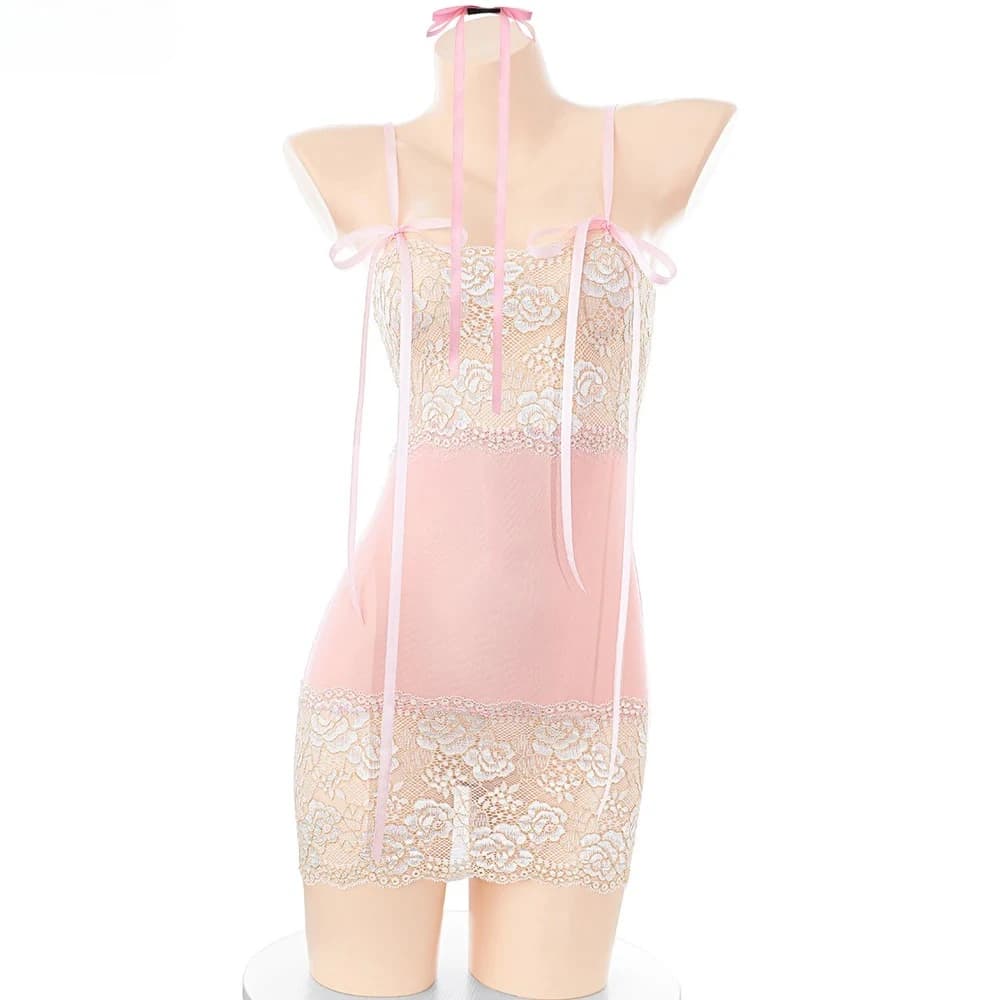 Dolce ragazza fiore di pizzo abito rosa costume uniforme abiti cosplay sexy vedere attraverso camicia da notte gioco di ruolo biancheria intima lingerie