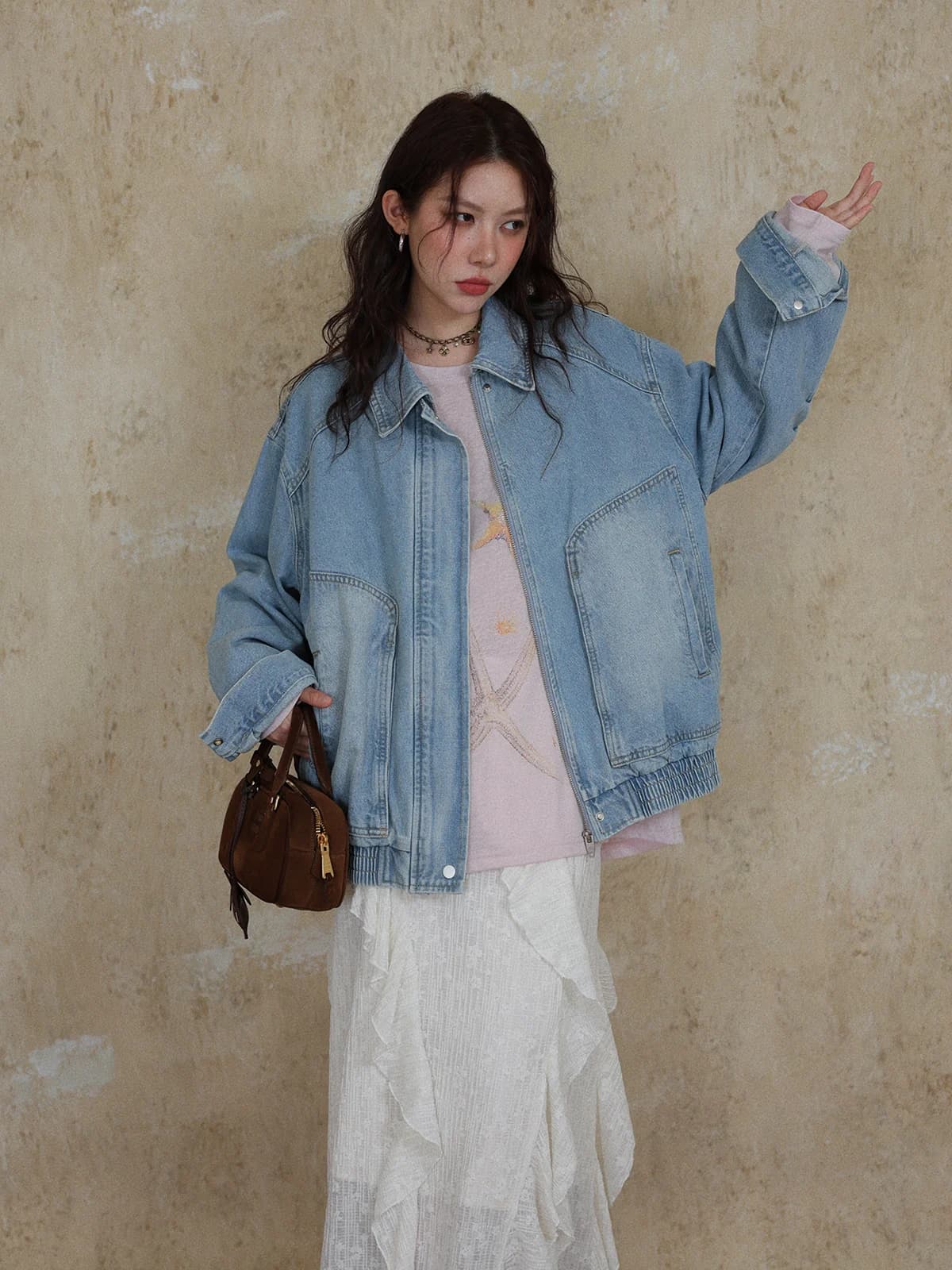 Retro Washed Light Blue Denim Jacket Women's Loose Fit with Pockets Long Sleeve Zipper Cotton Autumn Outerwear