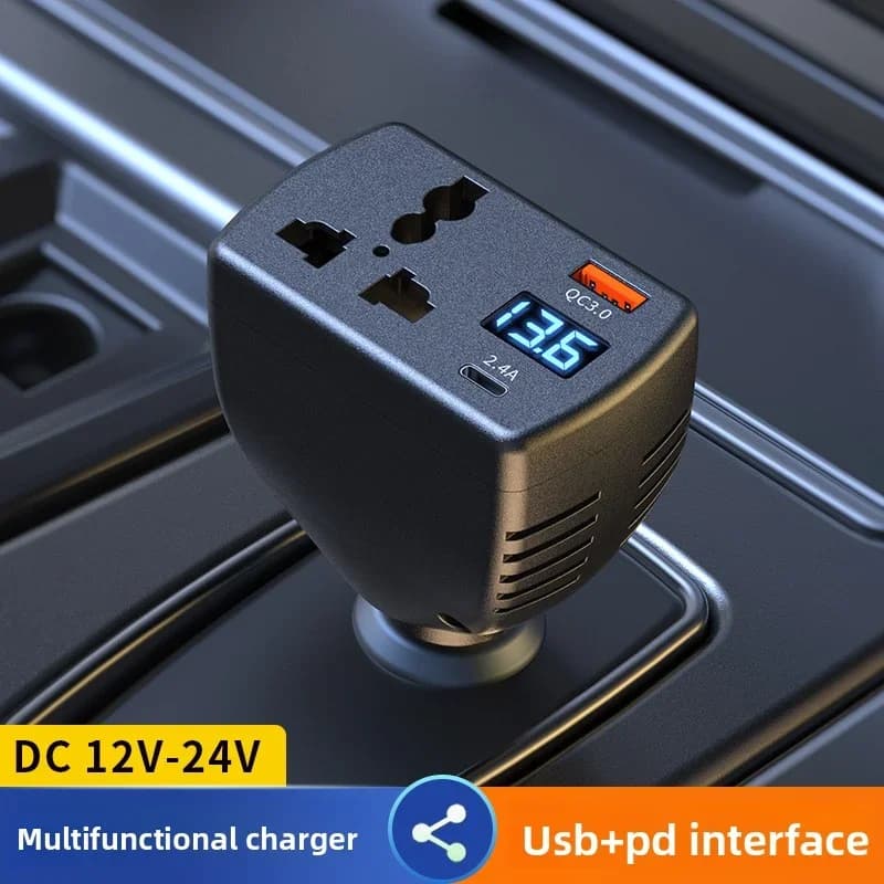 Inverter di Potenza per Auto 150W da DC 12V a AC 220V con Caricatore USB-C QC3.0, Display Digitale, Caricatore Auto Multi-Porta 3-in-1