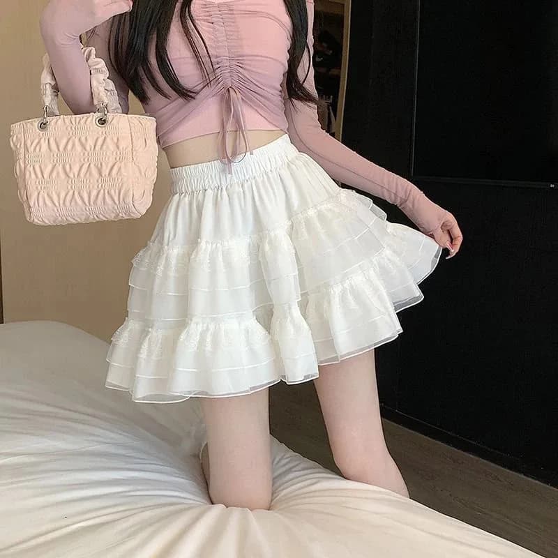 Nuovo in vestiti dolce coreano Y2K tendenza estiva casual torta di pizzo bianco minigonna balletto Syle abito corto a baldacchino in rete a vita alta
