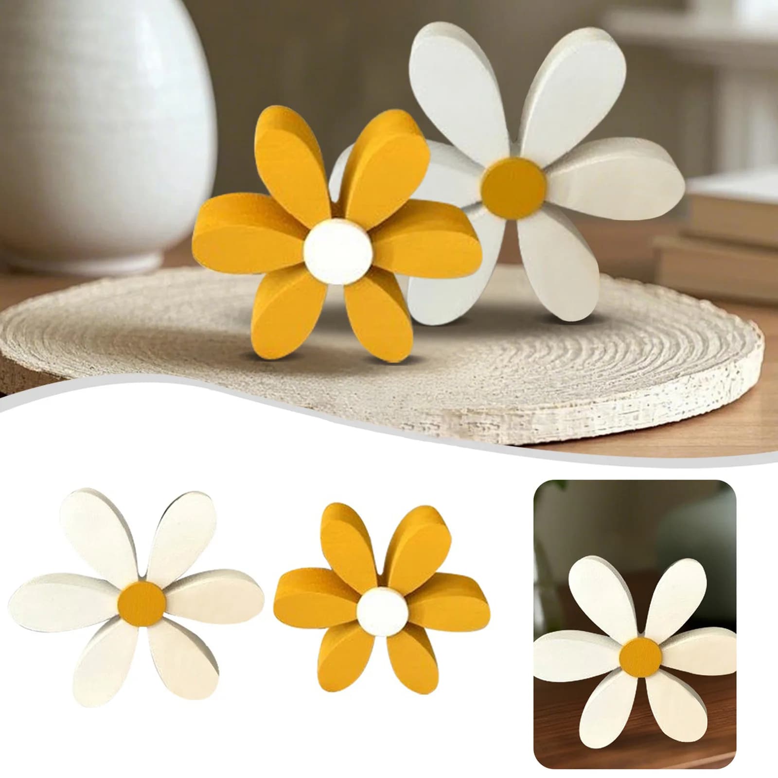 Set di decorazioni primaverili con margherite in legno da 2 pezzi, ornamenti da tavolo floreali 3D, decorazioni creative per la casa gialle-bianche per esposizione festiva