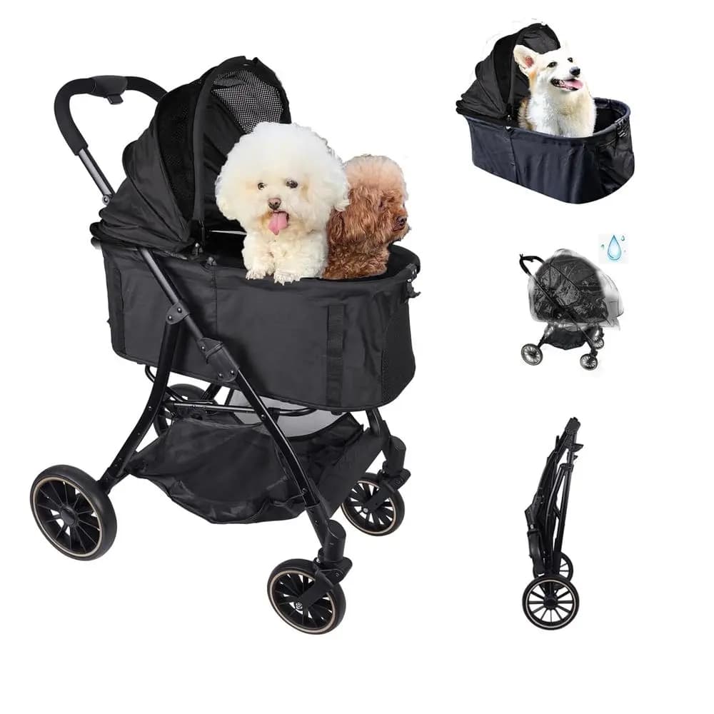 Passeggino pieghevole per animali domestici doppio con 7 pneumatici - Portaoggetti da viaggio portatile per esterni, uso a 3 vie, nero