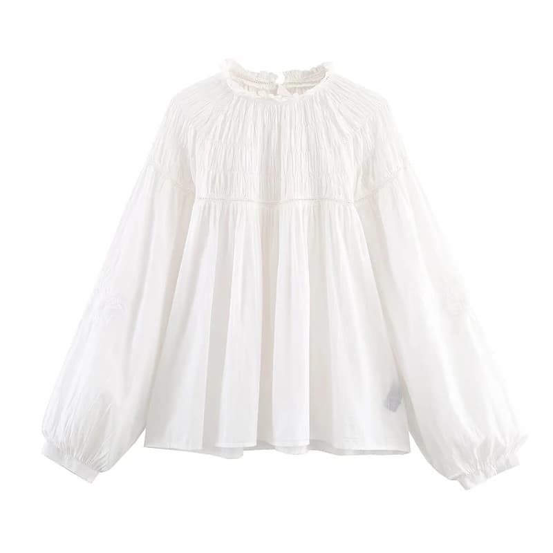 YENKYE Romantico a nido d'ape smocked camicetta bianca da donna manica a lanterna girocollo casual primavera 2026 top