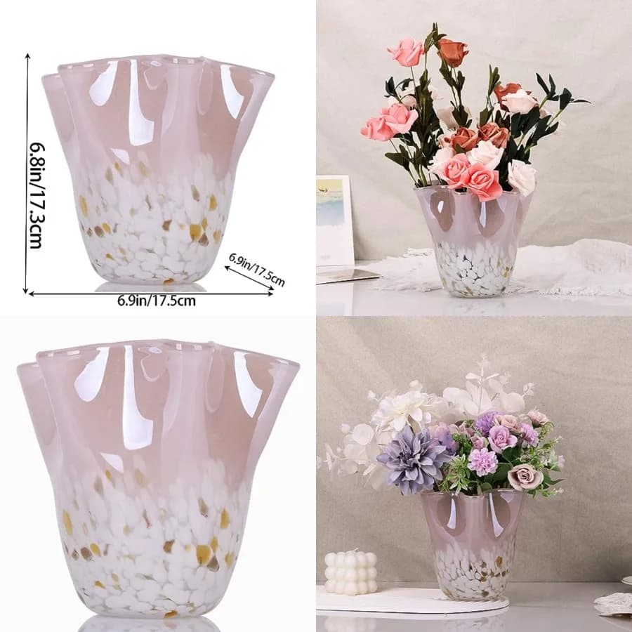 Vaso in vetro rosa soffiato a mano, vaso decorativo a bocca larga a forma di onda, vaso in vetro unico per centrotavola da sala da pranzo, soggiorno.