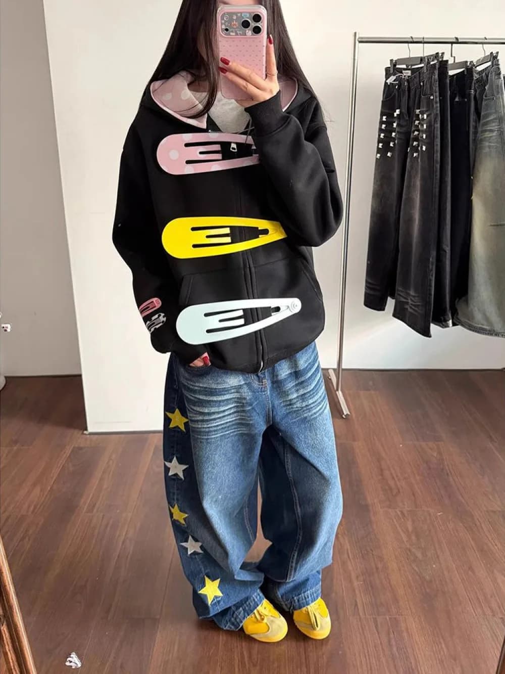 2026 New Autumn/Winter Retro Cute Large Hairpin Zipper Hoodie Unisex Polka Print Hat Casual Street Trendy Versatile and Niche