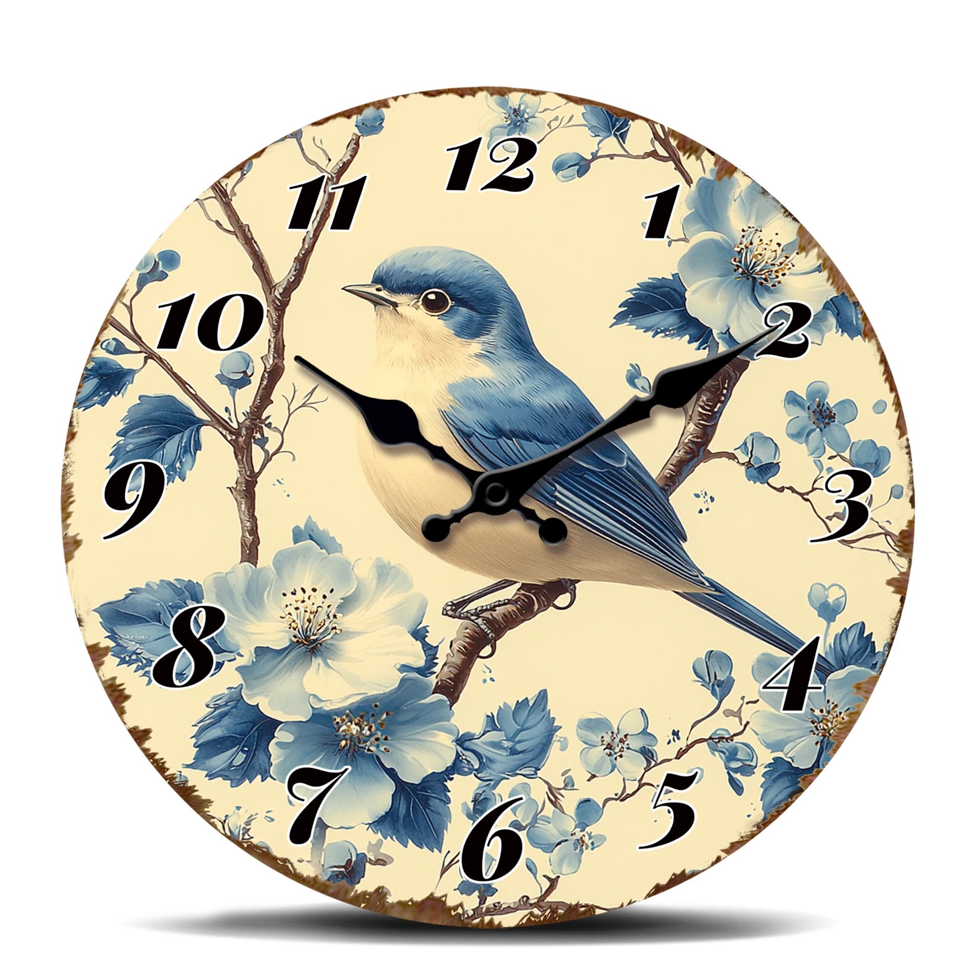 Round wall clock with blue bird on cherry blossoms, spring floral design, decorative silent quartz watch in ecological material for outside