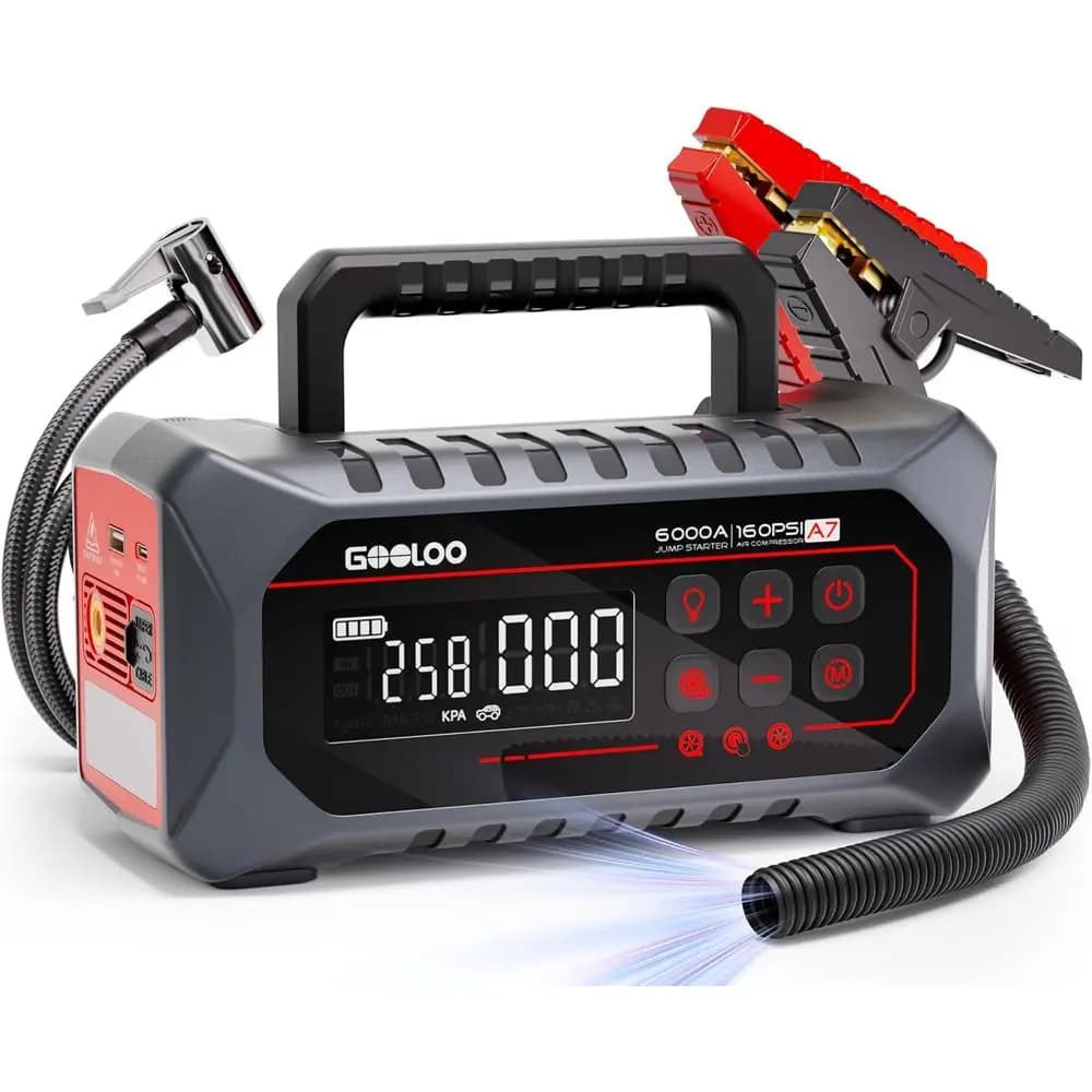 Avviatore di Emergenza Portatile 6000A 12V con Compressore d'Aria, Pompa 160PSI, Gonfiatore Pneumatici per Auto a Benzina e Diesel