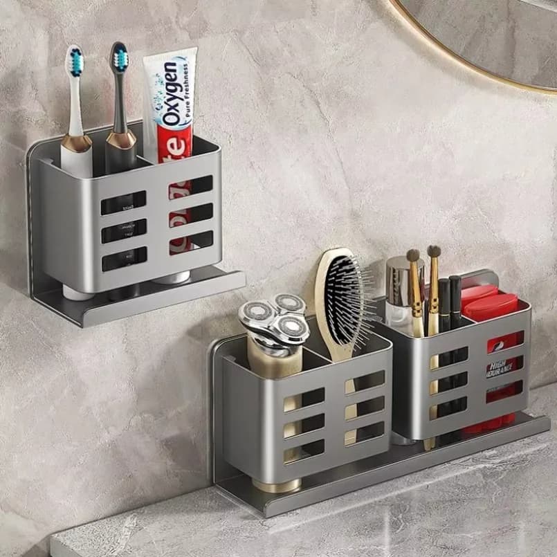 Rustproof Wall Mounted Bathroom Storage Rack, No Drill Ventilated Toothbrush Holder Shaver Organizer for Shower