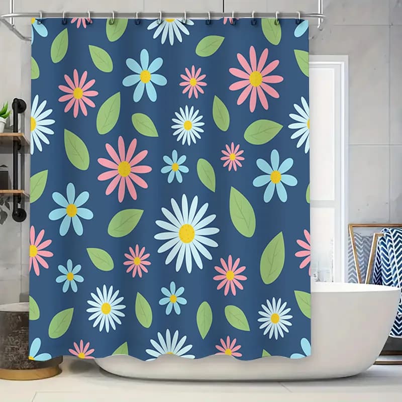 Tenda da doccia floreale blu con foglie verdi Fiori rosa Tappetino da bagno decorativo Accessorio da bagno per la casa impermeabile per bambini