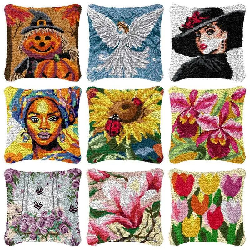Fiori Cartoon Gancio di chiusura Cuscino Smyrna Pacchetto Ganci Lavorato a maglia Tappeto ricamato Cuscino Ricamo Gancio di chiusura Kit Knooppakket